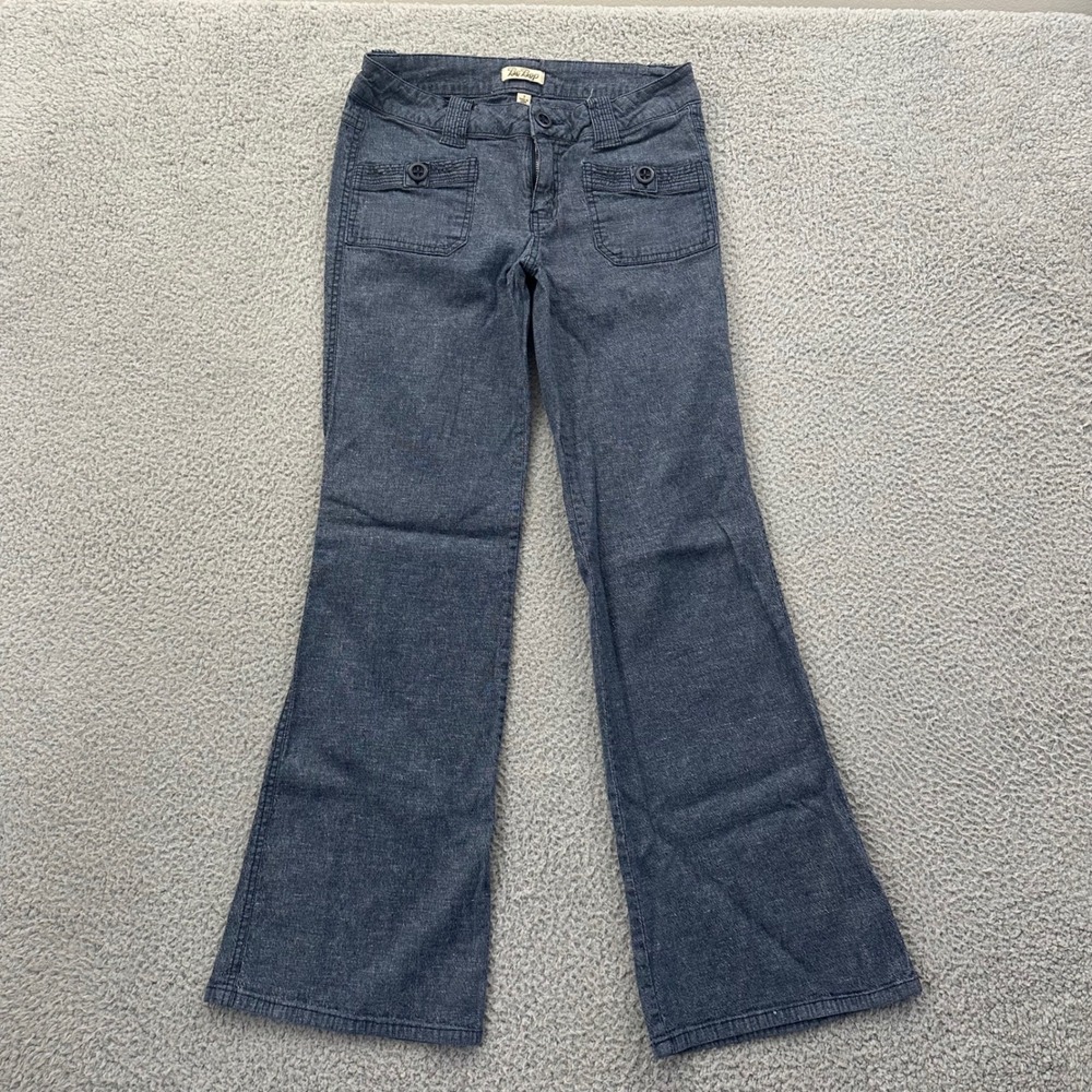 Be Bop Women Blue Ramie Cotton Flare Leg Pants Low Rise Size 7 Y2K Retro Pocket